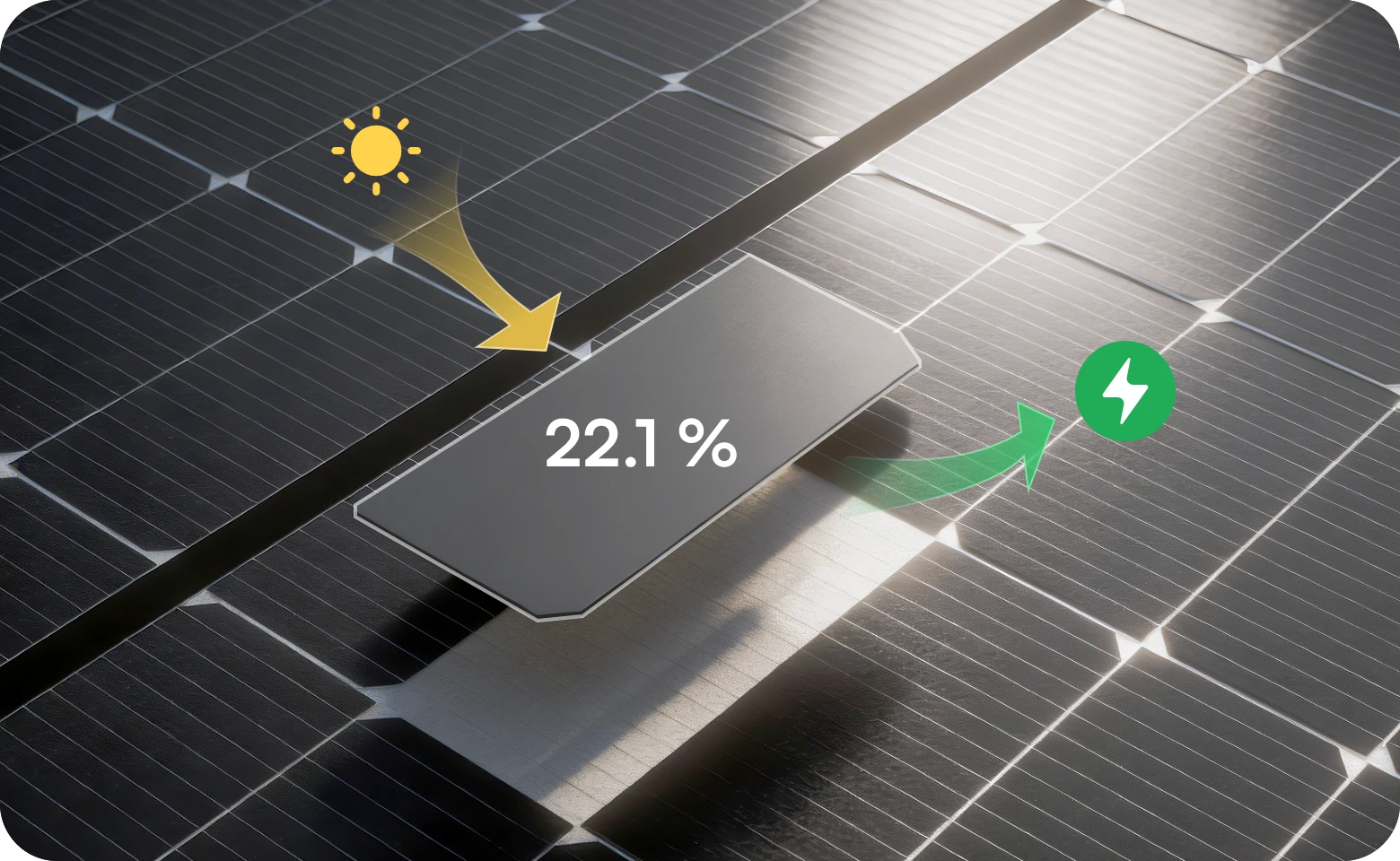 Solar panel efficiency visualization showing 22.1% conversion